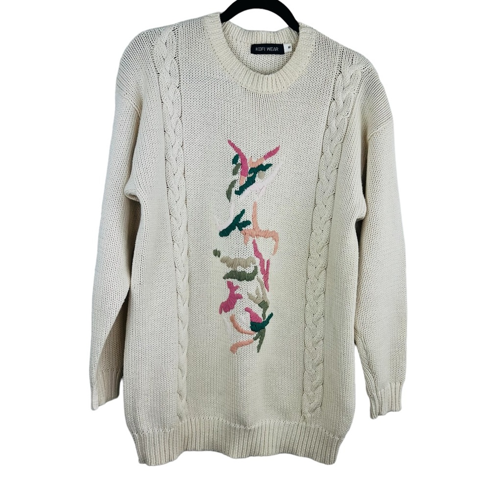 Vintage Kofi Wear Cream Knit Embroidered Crew-Neck Long sweater Dress